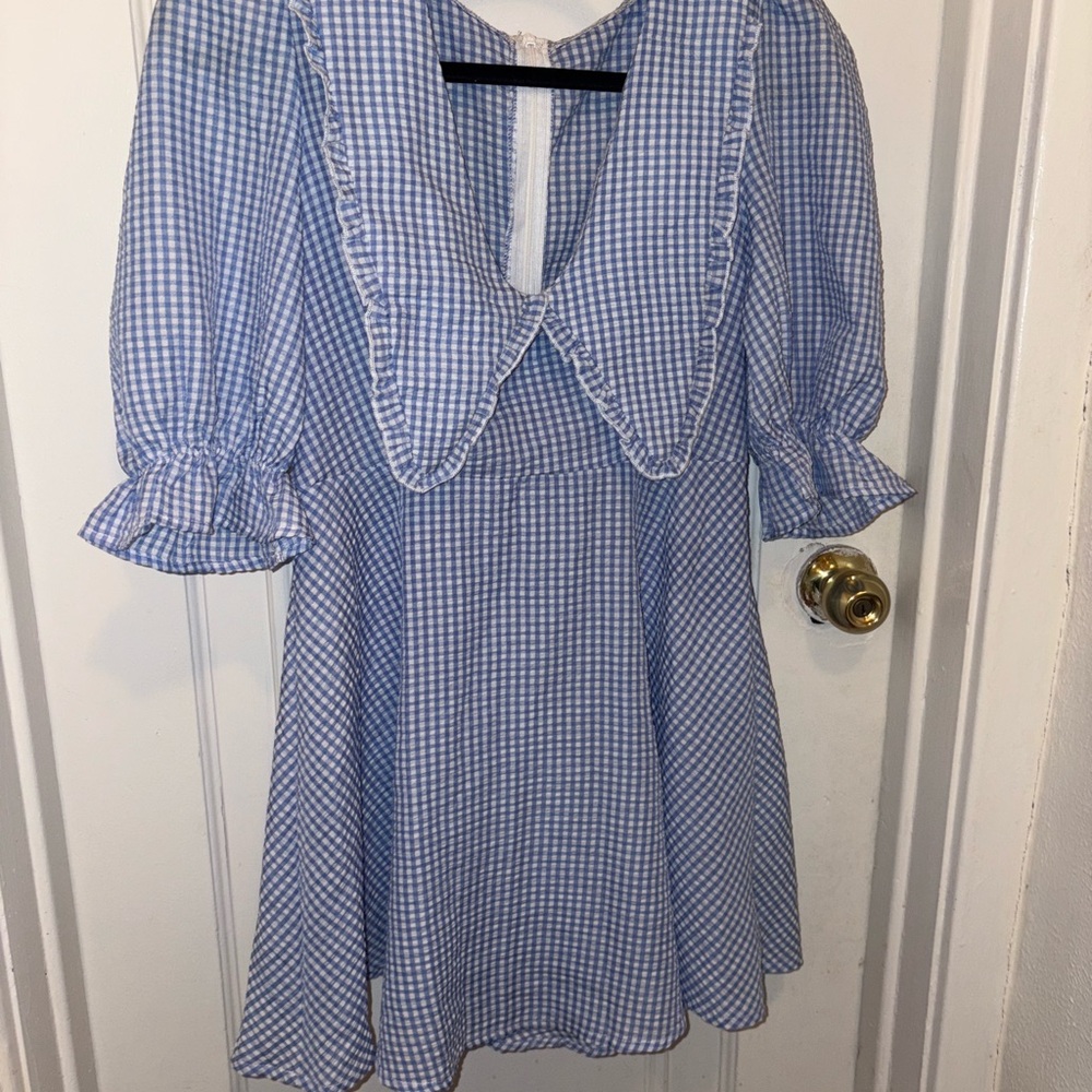 Vintage inspired Blue Gingham Dress with Ruffled Collar